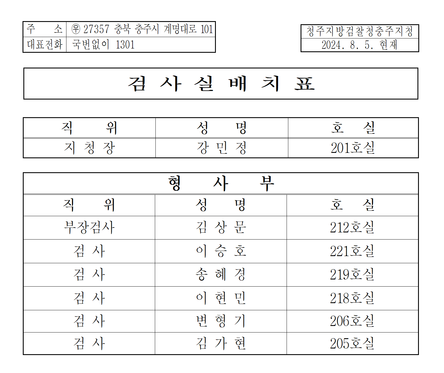 청주지방검찰청 충주지청 검사 배치표 상단 다운로드 파일 캡처이미지