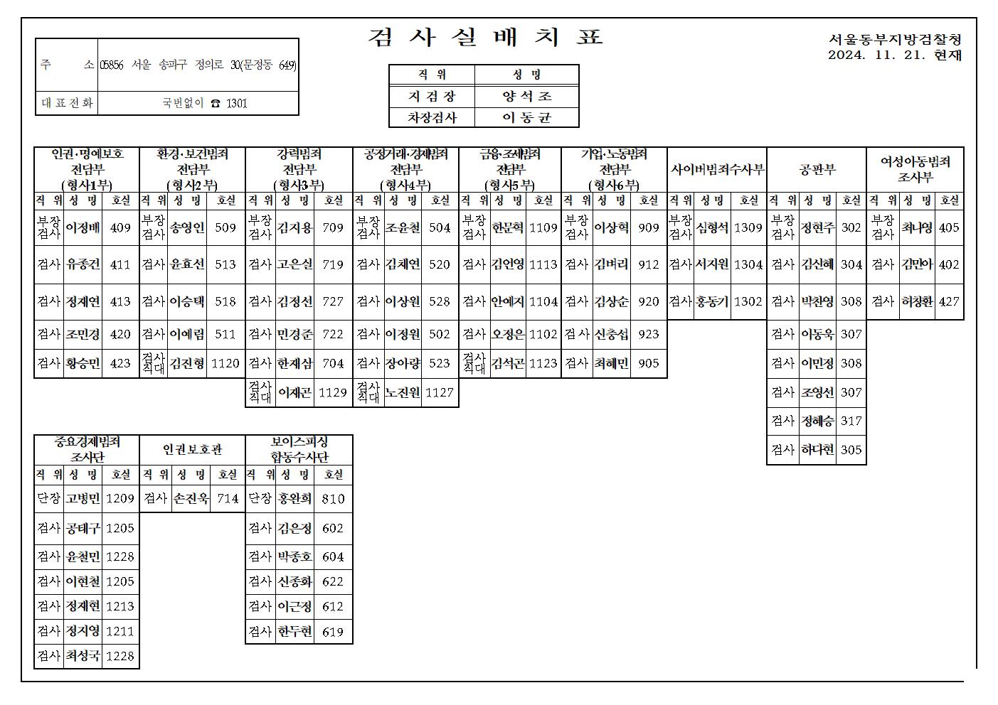 서울동부지방검찰청 검사 배치표 상단 다운로드 파일 캡처이미지